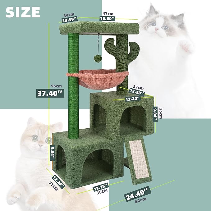 37.4" Cactus Cat Tree Cat Tower with Twin Cat Condos for Indoor Cats, All-in-One Activity Center Cat House Furniture with Cat Scratching Post Cozy Sleeping Perch Hammock and Toy Balls,Green …