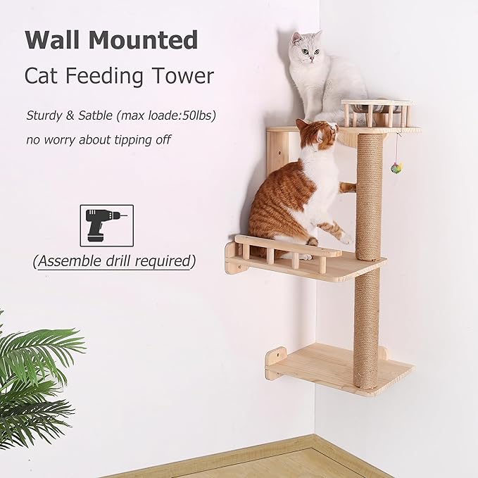Wall Cat Tree with Feeding Station, 3-Levels Corner Shelf for Indoor Kitten Perching and Climbing, 36" Wooden Mounted Tower Playground