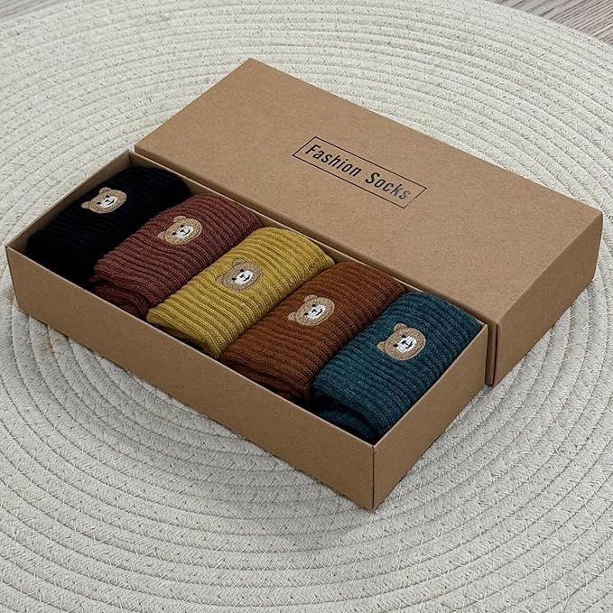 5 Pairs Women's Cute Bear Ankle Socks With Animal Embroidery - Gifts for Women