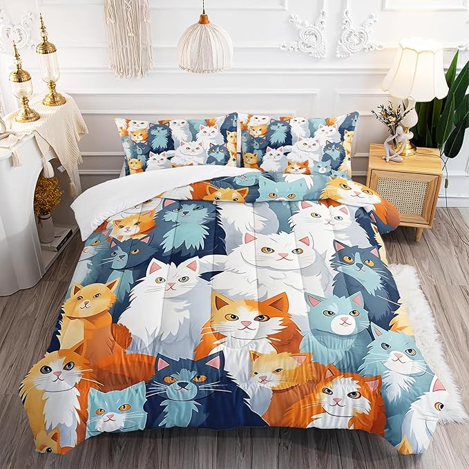 AILONEN Cartoon Cat Comforter Set Queen Size, Cute Pet Cat Bedding Set,Girls Kids Kawaii Duvet Set 3 Pieces, 1 Quilt and 2 Pillowcases