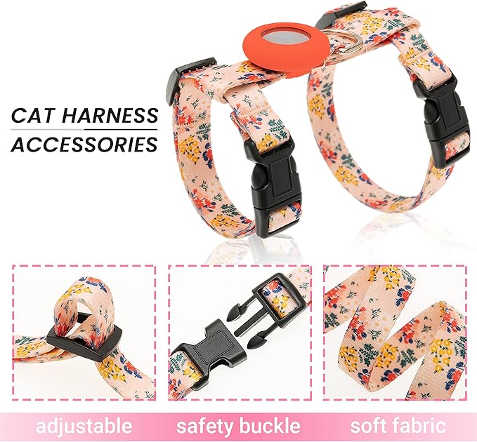 Cat Harness and Leash Escape Proof for Walking Travel Outdoor - Soft Nylon Adjustable Cute Cat Harness Leash Set with Airtag Holder for Small Medium Large Cats
