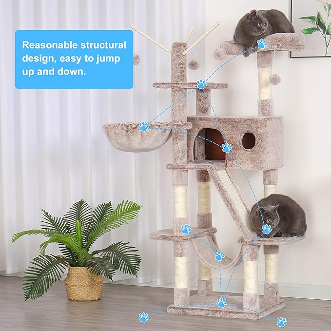 Hey-brother Cat Tree, 61 inch Cat Tower for Indoor Cats, Cat House with Padded Platform Bed, Toy Balls, Large Cozy Condo, Hammocks and Sisal Scratching Posts, Muchroom MPJ019MU