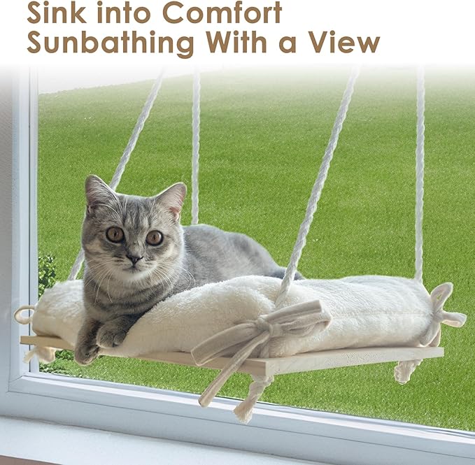 Cat Window Perch, Cat Window Hammock with Cushion Bed, Solid Wood Seat & Strong Suction Cups, Safety Cat Bed Window, Easy to Install Cat Indoor Furniture for Large Cats and Kittens
