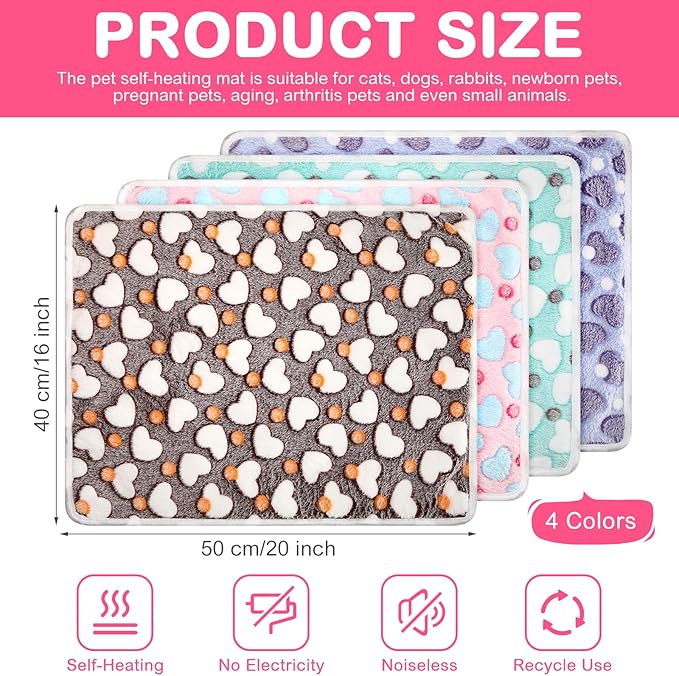 4 Pack Self Heating Cat Bed Cat Self Warming Pad with Removable Cover Extra Warm Thermal Pet Pad Washable Pet Crate Mat Anti Slip Kennel Pad for Indoor Outdoor Pets(Heart,16 x 20 Inches)