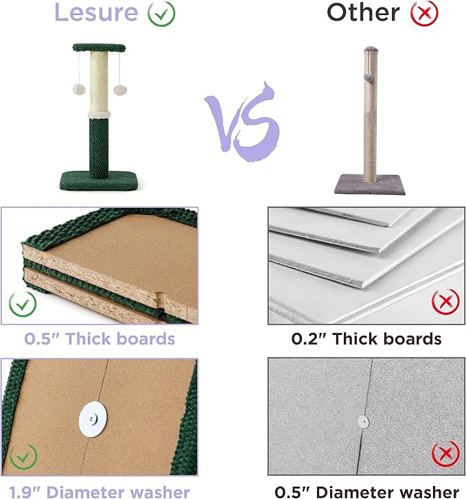 Lesure 34" Tall Cat Scratching Post - Highly Resistant Carpet Scratch Post, Premium Sisal Rope Scratch Posts Kitten and Adult Cats, Sturdy Large Scratch Pole with Hanging Ball, Green