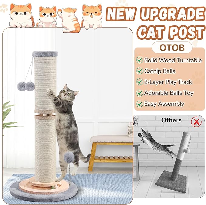 OTOB 33" Tall Cat Scratching Post, 4.3Inch Large Diameter Natural Sisal Rope Scratcher Post, 5-in-1 Interactive Turntable Cat Scratch Post with Soft Hanging Ball Toys for Indoor Large Cats