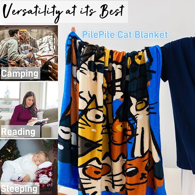 2025 Best Gift Cat Original Designer Throw Blanket, Warm Soft Cute Cat Lover Gifts for Women, Cat Mom Gifts for Cat Lovers, Funny Cat Themed Gifts Blanket for Kids, Birthday Christmas, Blue
