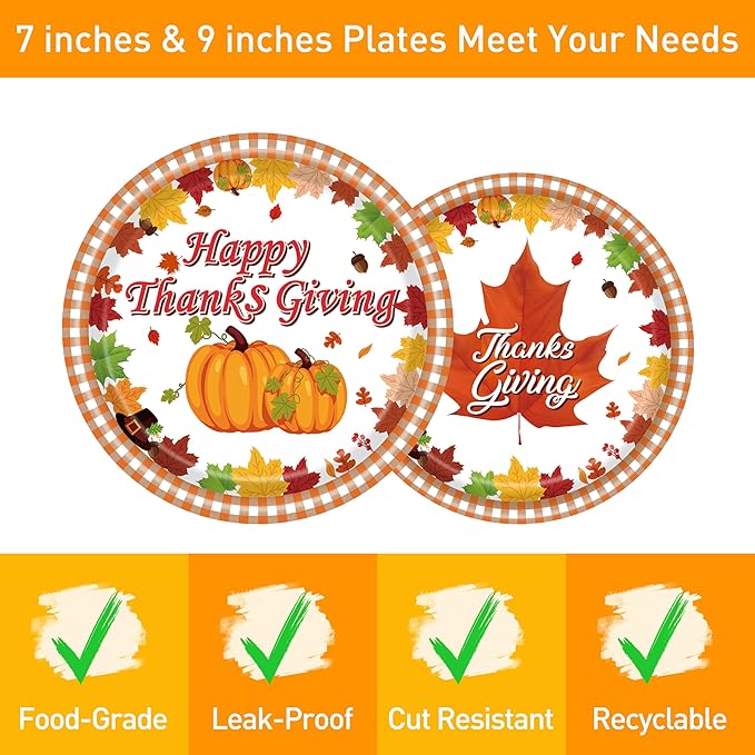 96 Pcs Thanksgiving Plates and Napkins - Pumpkin Maple Leaf Theme Party Supplies Disposable Paper Tableware for Thanksgiving Decor Fall Dinnerware Set Serves 24 Guests