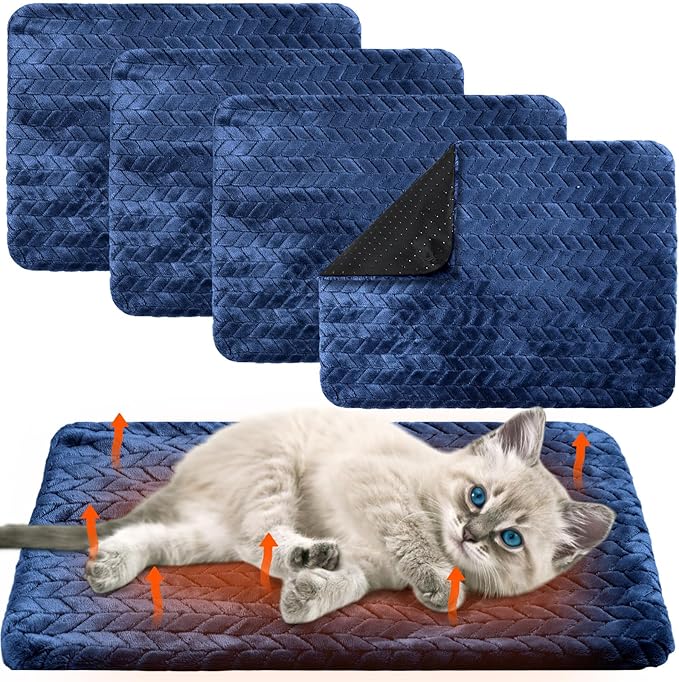 4 Pack Self Heating Cat Pad Self Warming Cat Mat Non Slip Warm Dog Bed Pad Mat Washable Pet Kennel Pad Crate Bed Mat Removable Cover Cat Blanket for Indoor Outdoor(Navy Blue,16 x 20 Inch)