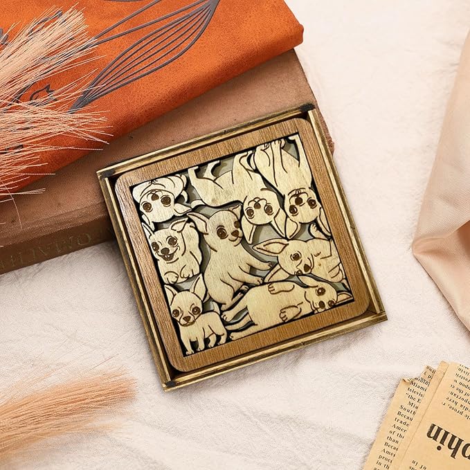 02 Chihuahua Dog Coaster - Chihuahua Dog Puzzle Wooden Coaster Set - Interlocking Jigsaw Drink Mats with Laser-Cut Design for Chihuahua Lovers (Chihuahua Dog)