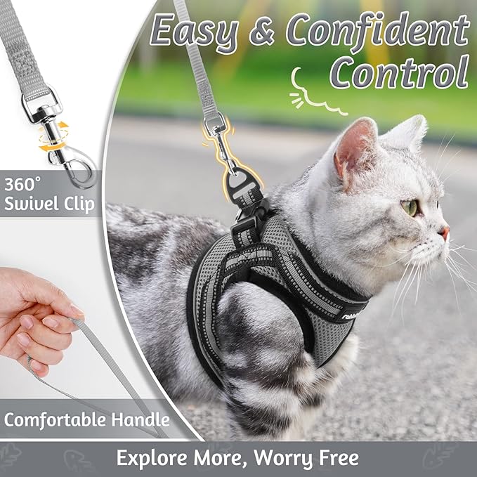 rabbitgoo Cat Harness and Leash Set for Walking Escape Proof, Adjustable Soft Kittens Vest with Reflective Strip for Cats, Comfortable Outdoor Vest, Grey, L