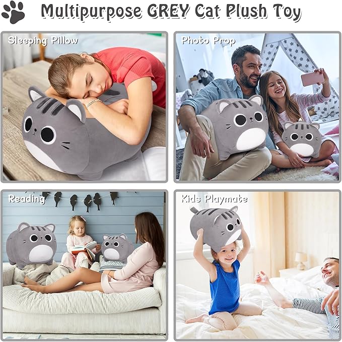 Auspicious beginning Grey Cat Stuffed Animal-15.8'' Cat Plush Toy, Cat Plushie Pillow, Kawaii Soft Plush Cat Pillow Stuffed Cat Toys, Room Decoration Chirsmas Birthday Gifts for Kids Girls Boys