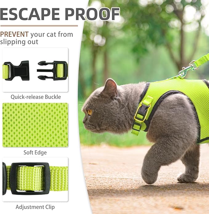 PUPTECK Soft Mesh Cat Vest Harness and Leash Set Puppy Padded Pet Harnesses Escape Proof for Cats Small Dogs Rabbits Bunny, Fluorescent Green S