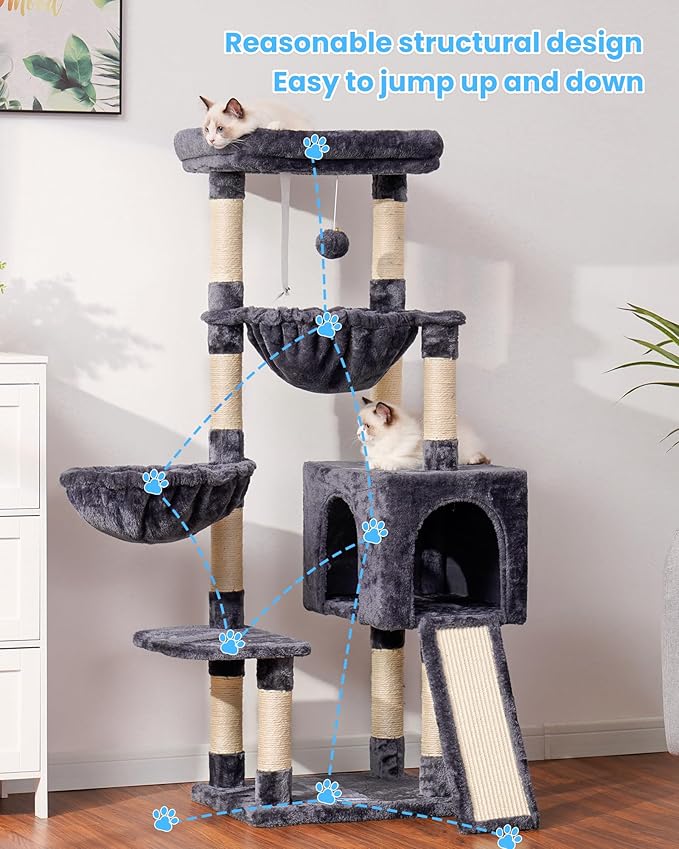 Hey-brother Large Cat Tree, Cat Tower for Indoor Cats, Cat House with Padded Bed, Cozy Condo, Hammocks, Sisal Scratching Posts, Big Scratcher, Smoky Gray MPJ006-MG