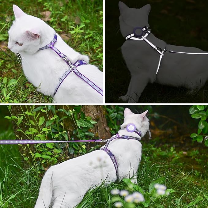 KOOLTAIL Cat Harness and Leash Set Escape Proof with Cat Airtag Holder Collars (3 in 1), Comfortable Lightweight Adjustable Kitten Harness for Small Medium Large Cats Safe Walking & Travel, Purple