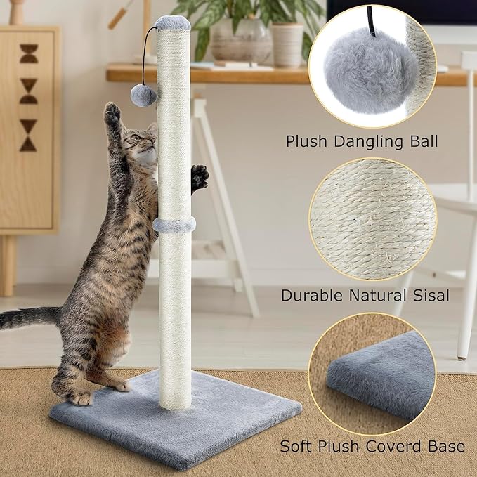Dimaka 29" Height Tall Cat Scratching Post, Claw Scratcher with Sisal Rope and Covered with Soft Smooth Plush, Vertical Scratch [Full Strectch] for Standard Size Cats (Grey, 29 inches)