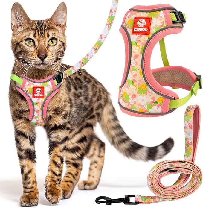 Cat Harness and Leash Set for Walking, Escape Proof Vest Harnesses for Cats, Breathable Mesh with Reflective Strips - (Tropical Paradise), Small