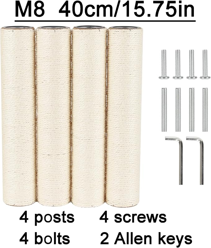 4 Pcs 3.1in 7.9cm Diameter Cat Scratching Post Replacement Sisal Pole with Screws and Bolts and Wrench for Cat Tree Condo (40cm/15.75in, M8)