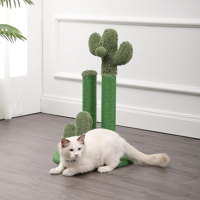 CTR1009A Marfa 25.25" Modern Jute Triple-Cactus Cat Scratching Post with Fuzzy Toy, Green