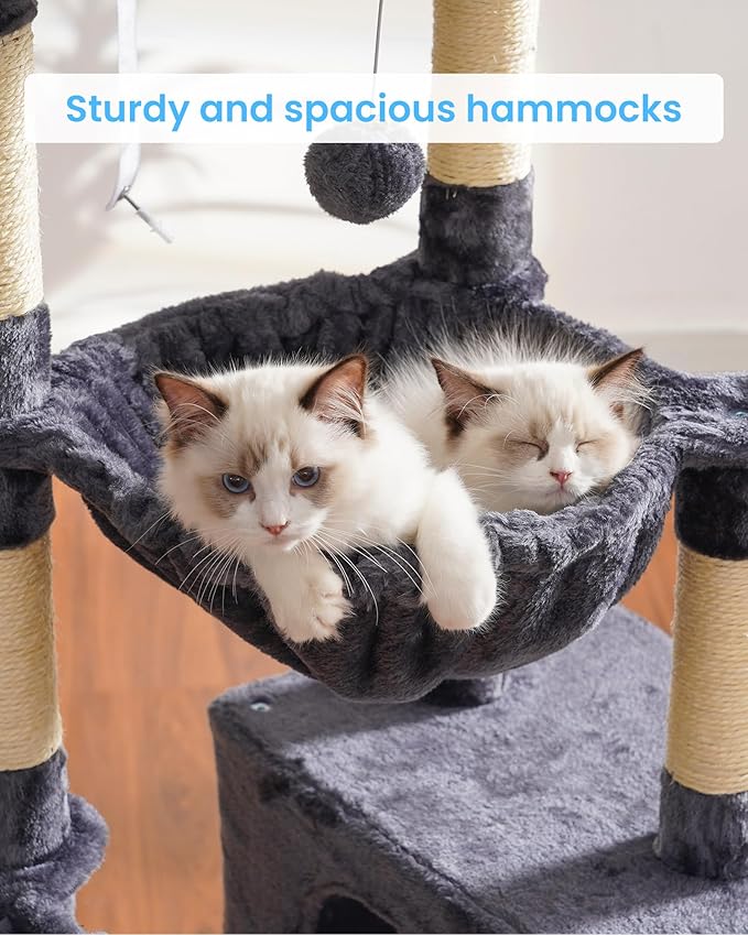 Hey-brother Large Cat Tree, Cat Tower for Indoor Cats, Cat House with Padded Bed, Cozy Condo, Hammocks, Sisal Scratching Posts, Big Scratcher, Smoky Gray MPJ006-MG