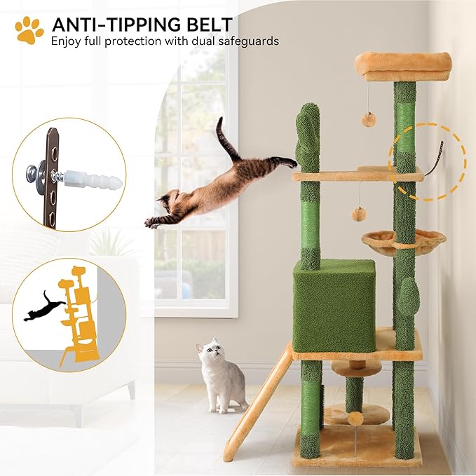 YITAHOME Tall Cactus Cat Tree Tower with Self-Grooming Brush, 60in Cute Cat Climbing Tower for Indoor Cats with Cat Condo, Top Perch, Basktet, Sisal Scratching Posts and Board,Toy Balls