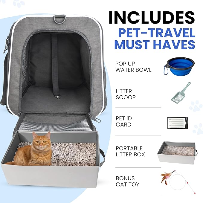 Airline-Approved Cat Carrier with Litter Box, 17x11x12” Soft Travel Litterbox up to 18 lbs Cats, Large Portable Carrier for Long Car Trips, Comes with Litter Scoop, Water Bowl, Pet ID & Cat Toy