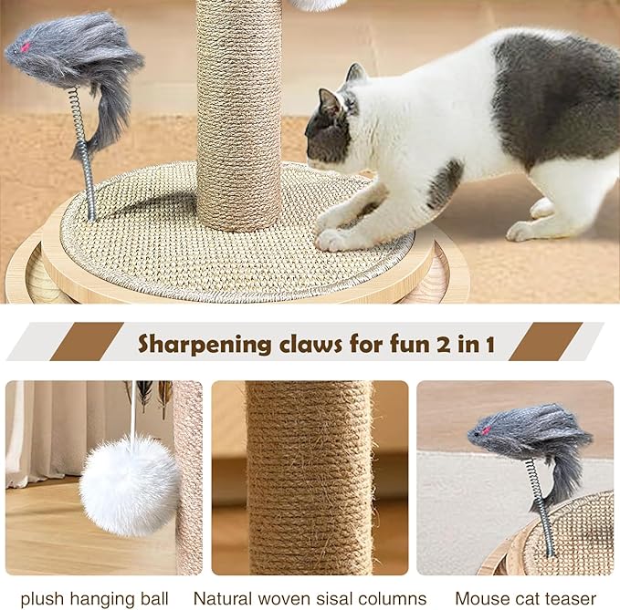 Cat Scratching Post Sisal Scratch Posts with Solid Wood Tracking Interactive Toys Vertical Scratcher,Spring Mouse and Scratch Board Interactive cat Toys for Indoor Cats and Kittens-