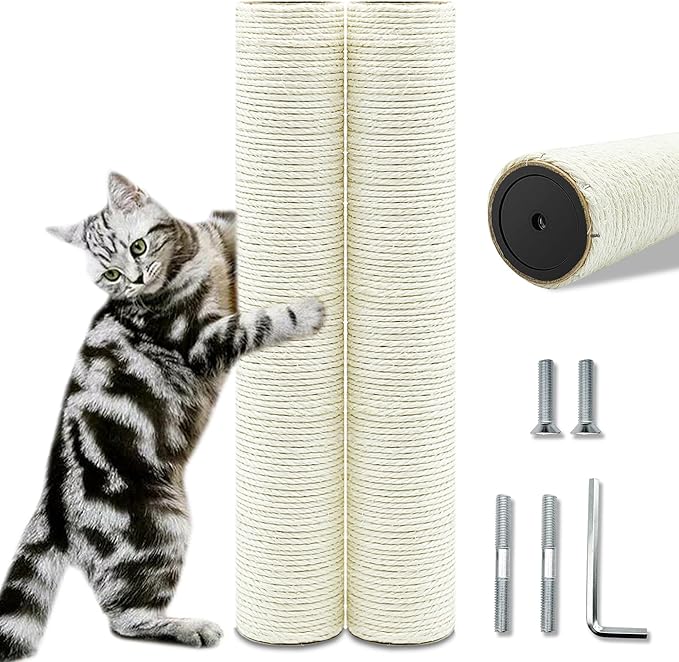 Cat Scratching Post Replacement Pole，2 PCS 15.7in Cat Tree Replacement Post，Natural Sisal Cat Tree Replacement Parts with M8 Screws，Cat Scratch Post Replacement for Refurbishment (15.7in/40cm)