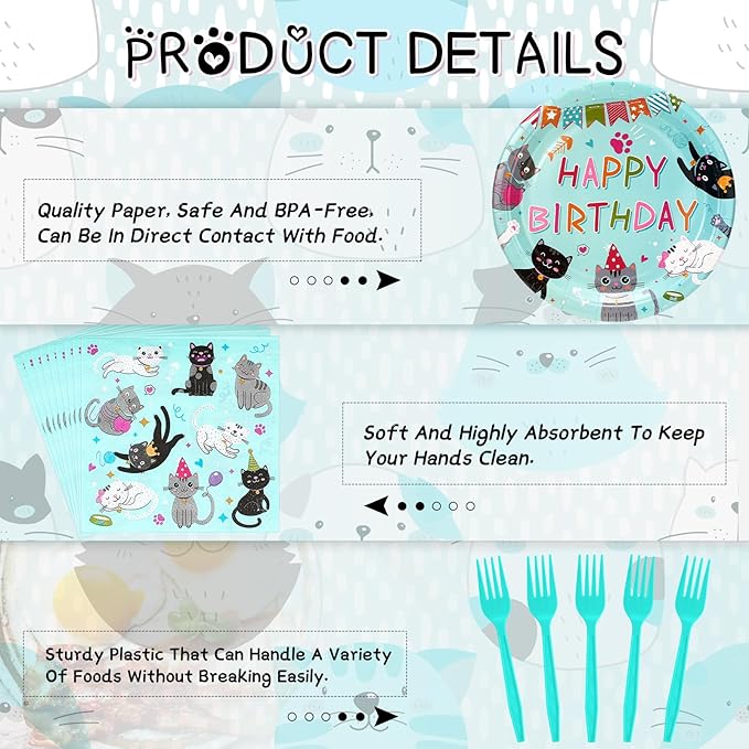 122 Pcs Cat Birthday Party Supplies Disposable Cat Themed Tableware Include 24 Dinner Plates 24 Dessert Plates 50 Paper Napkins 24 Forks Kitten Birthday Party Decoration for 24 Guests (Green)