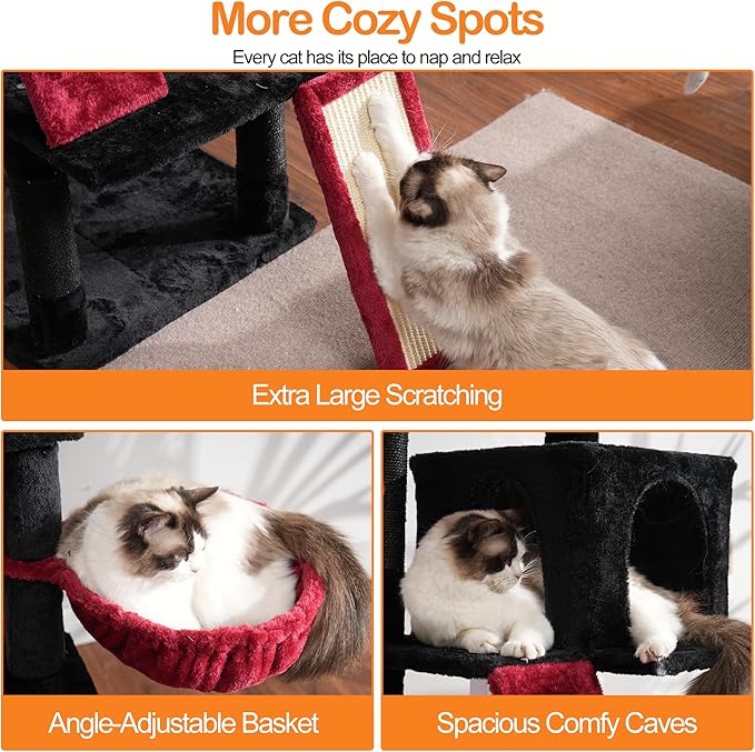 Heybly Gothic Cat Tree, Halloween Cat Tower for Indoor Cats,Multi-Level Cat Furniture Condo for Cats with Padded Plush Perch, Cozy Basket and Scratching Board,Black and Red HCT014BR