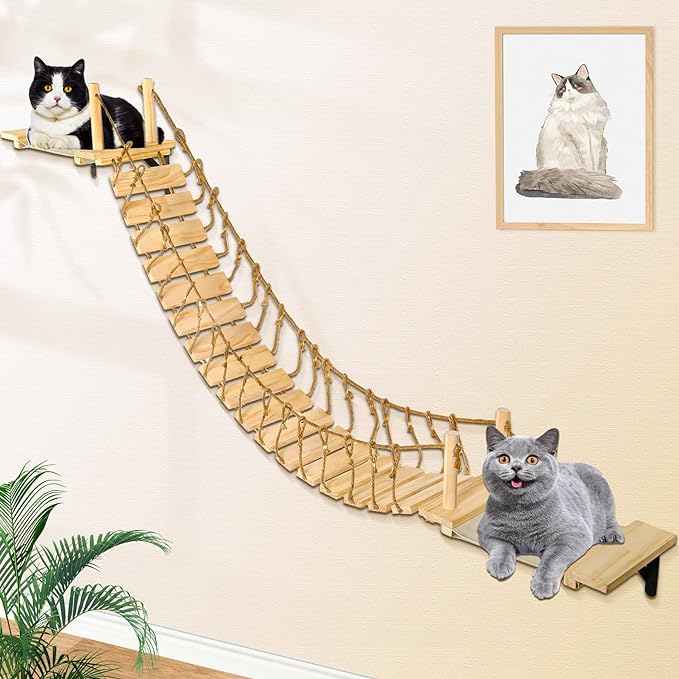 Calmbee Cat Wall Shelves, Cat Wall Furniture 70" Cat Bridge Wall Mount Cat Perch Wooden Hammock Cat Tree Cat Climber Cat Cloud Shelf Board Cats Bed