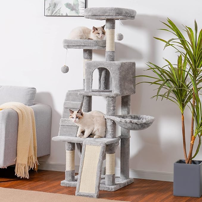 Heybly Cat Tree, Cat Tower for Indoor Cats,Multi-Level Cat Furniture Condo for Cats with Padded Plush Perch, Cozy Basket and Scratching Board Light Gray HCT014W