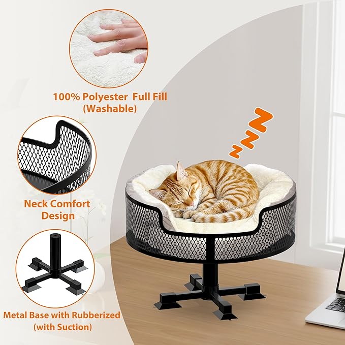 16" Cat Desk Bed, Heavy Duty Metal Desk Cat Bed with Removable Blanket, Cat Bed for Desk with Non-Slip Rubber Feet to Protect Desktop, Cat Bed Desk Up to 45LBs, Suitable for Small and Medium Cats/Dogs