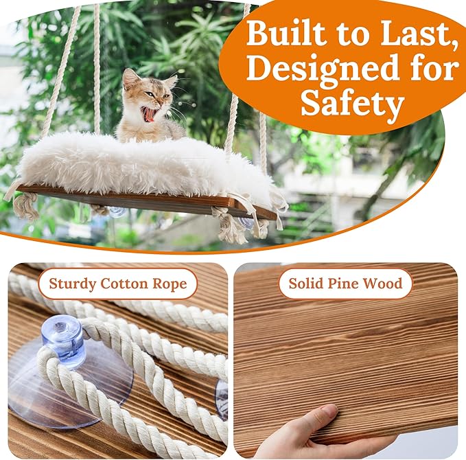 Cat Window Perch - Cat Hammock for Window - Solid Wood Seat & Strong Suction Cups - Furry Cat Window Bed & Furniture for Cats Inside - Fluffy Hanging Window Shelf for Small Medium Indoor Cats