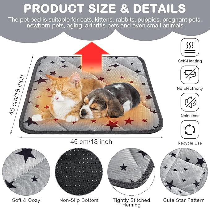 Namalu 4 Pack Self Warming Cat Bed Self Heating Cat Mat Star Pattern Soft Dog Crate Pad Thermal Pet Bed Mat Anti Slip Kennel Mat Washable Dog Cat Warming Bed for Outdoor Indoor Pet (18 x 18 Inch)