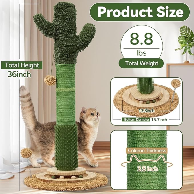 OTOB 36" Tall Cat Scratching Post, Natural Sisal Rope Cactus Scratcher Post, Vertical 6-in-1 Interactive Turntable Cat Scratch Post with Soft Ball Toys, Protect Your Furniture for All Indoor Cats