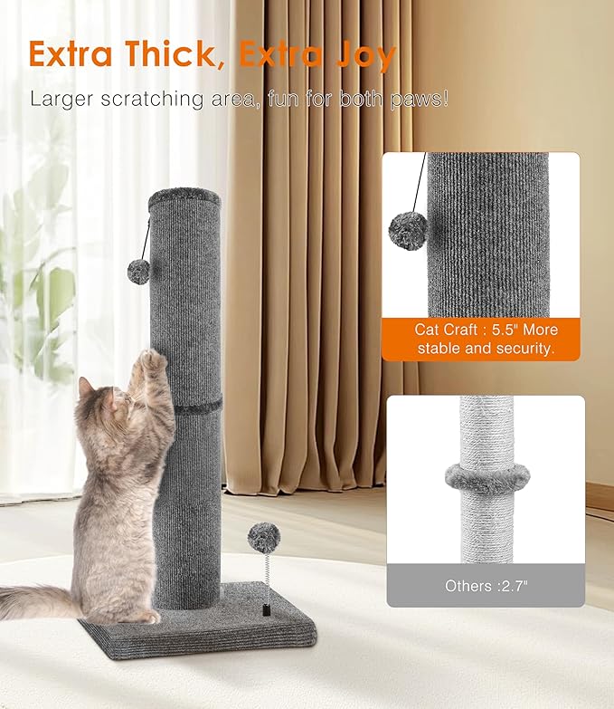 Carpet Craft Cat Scratching Post Heavy Duty for Indoor Large Cats and Adult Cats,Tall and Thicked Carpet Cat Scratcher Furniture Protector Cat Tree Tower with Interactivity Balls,Grey