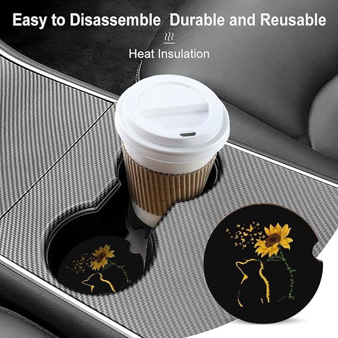 Absorbent Car Cupholder Coaster 2 Pack,Ceramic Stone Coaster with a Finger Notch for Women & Lady,Cork Base Drink Coasters 2.56 Inch,Cute Auto Accessories Gifts - Yellow Cat Sunflower