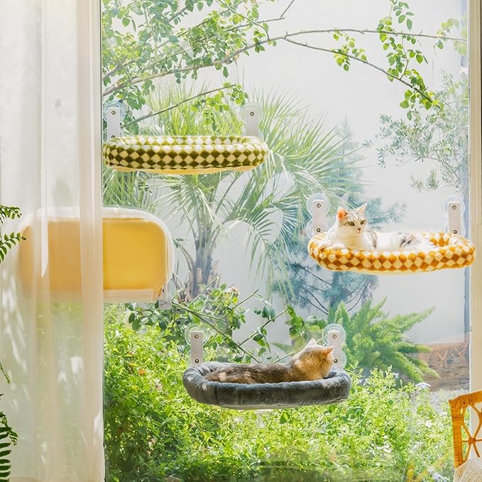 Mewoo Cat Window Perch, Cordless Cat Window Hammock with 4 Strong Suction Cups, Embeded Cat Hammock for Window, Steel Frame and Removable Soft Cover (Off White, Medium)