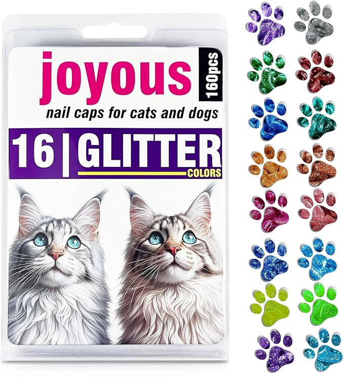 16x Glitter Colors / 160 pcs | Cat Nail Caps | Cat Claw Covers with Adhesives and Applicators (M)