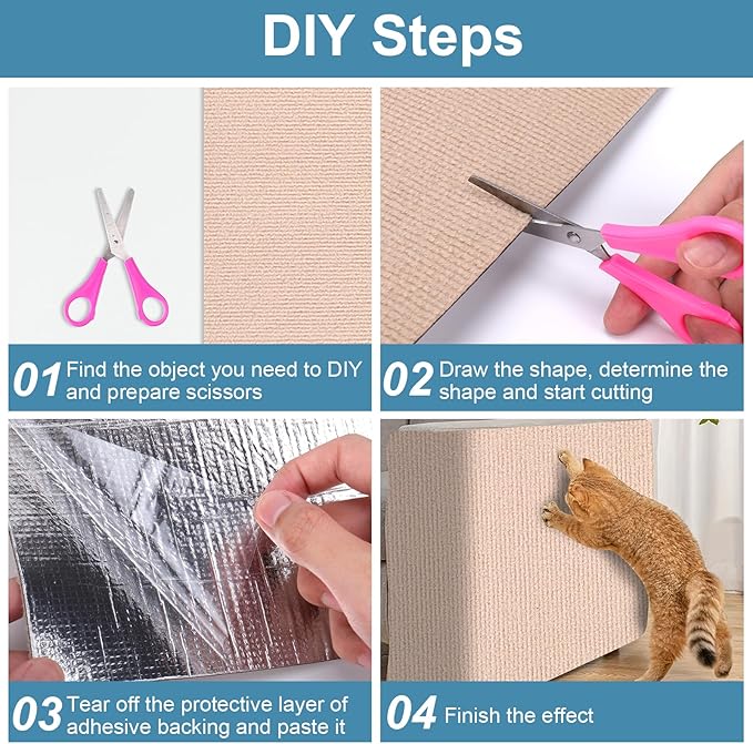 Mity rain 4PCS Cat Scratch Furniture Protector Mats 23.6“X11.8”Trimmable Self-Adhesive Cat Scratch Pads with 8PCS Furniture Nails Cat Couch Protector Mat for Pet Furniture DIY Beige