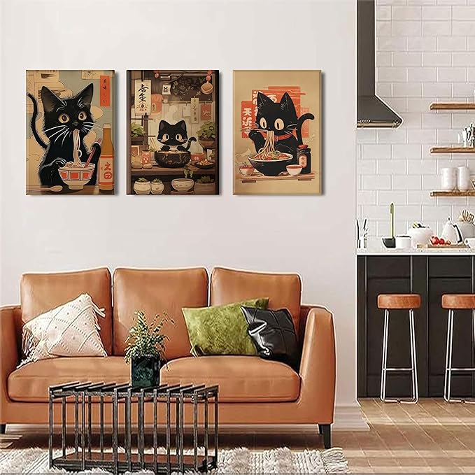 3Pcs Framed Japanese Black Cat Canvas Wall Art Vintage Cat Eating Ramen Posters Prints Edo Period Ramen Pictures Japan Kitchen Painting Unique Kitchen Dining Wall Decor Animal Lover Gift 16x24in