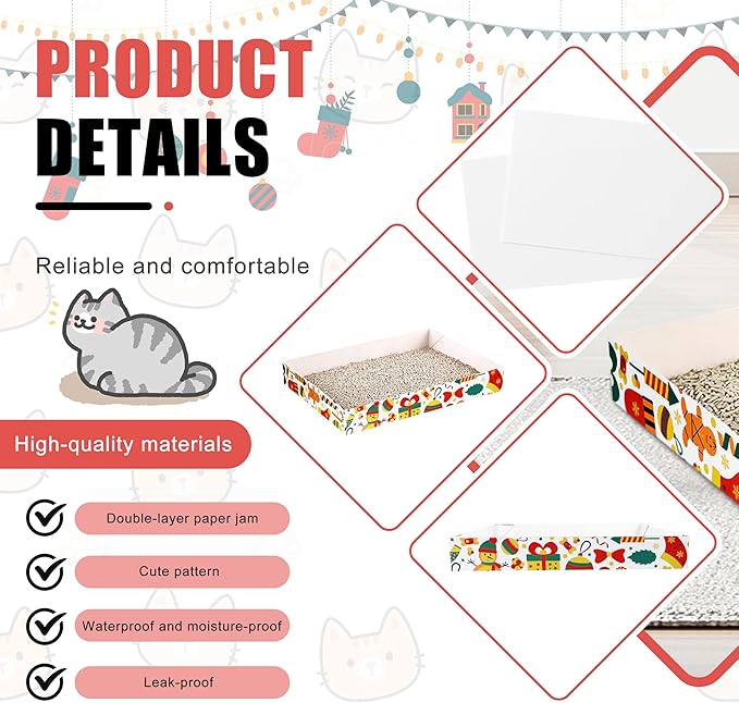 30 Pack Christmas Cat Disposable Cat Litter Box, Foldable Paper Litter Box,Non Clumping Durable and Waterproof,Low Entry Easy Disposal,Portable,Cat (13.6x9.7x1.9 in)