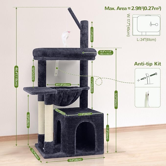 F46A Compact Cozy Cat Tree Tower | 46-Inch Sturdy Cat Condo with Scratching Posts, Hammock, and Anti-Tip Kit | Ideal for Small Spaces & Large Big Cats | Premium Quality Materials, Dark Grey