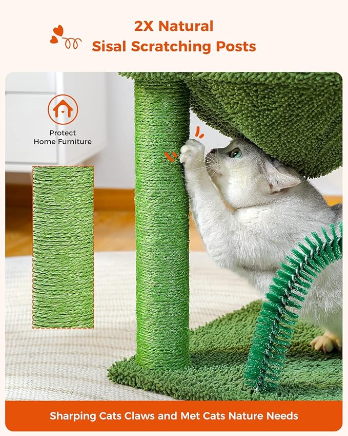 Cactus Cat Tree for Medium Cats with Arch Cat Self Groomer and Hammock, Cat Scratching Post for Indoor Kitten with Dangling Ball and Full Wrapped Natural Sisal Rope,Green