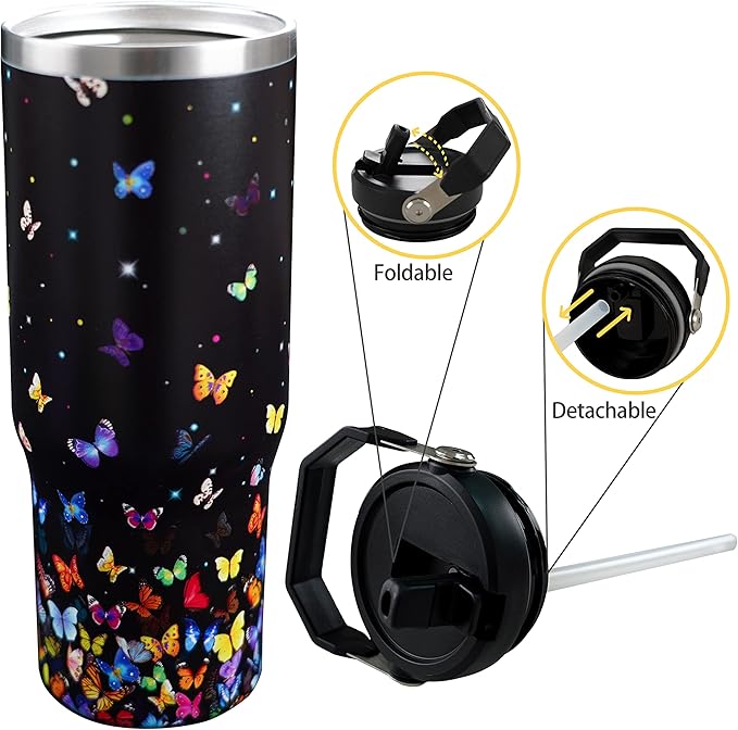 30oz Colorful Butterfly Tumbler with Handle and Straw, Stainless Steel Vacuum Insulated Coffee Tumbler, Travel Mug Water Bottle, Butterfly Stuff Decor, Butterfly Gifts for Women