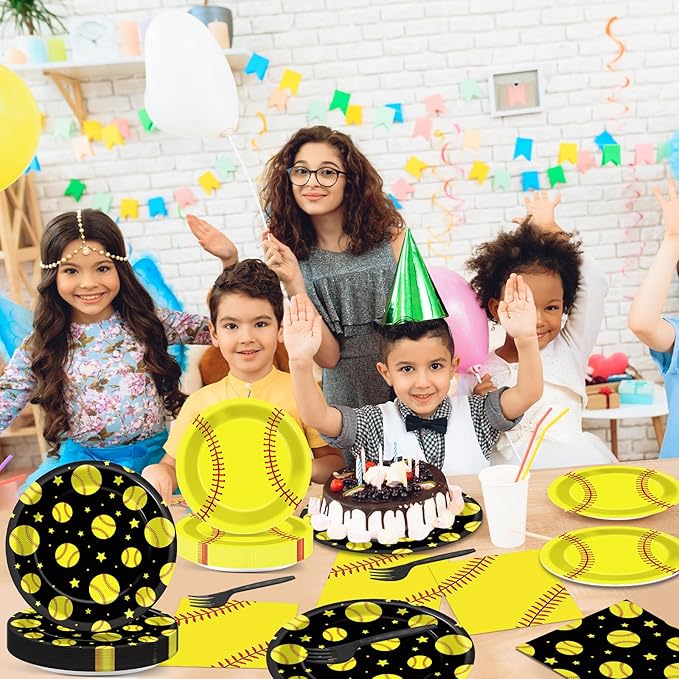 96Pcs Softball Birthday Party Supplies: 24 Servings - Black & Yellow Softball Tableware Set - Plates, Napkins, Forks - Sports Theme Party Kit