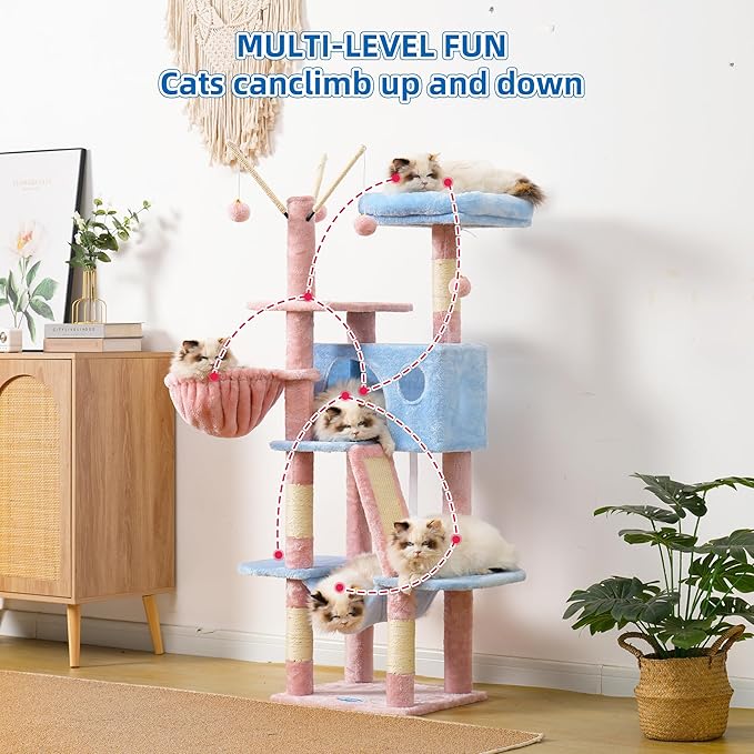 Hey-brother Cat Tree, 53 inch Cat Tower for Indoor Cats, Cat House with Padded Platform Bed, Toy Balls, Large Cozy Condo, Hammocks and Sisal Scratching Posts,Blue and Pink MPJ019SBP