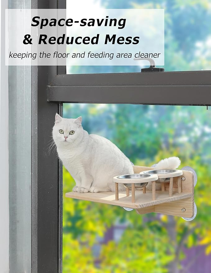 Cat Window Shelf Feeding Station,Wood Window Seat Mounted with Heavy Duty Suction Cups for Cats Sunbathing and Overlooking