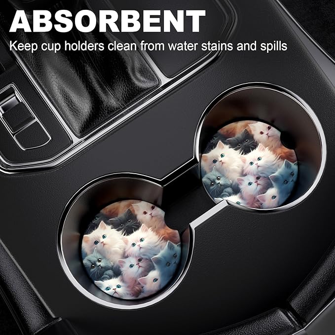 2 Pack Car Cup Holder Coasters, 2.63 inch Anti Slip Insert Absorbent Ceramic Coasters with Cork Base and Finger Notch, Cute Car Accessories Interior for Women